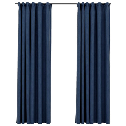 Linen-Look Blackout Curtains with Hooks 2 pcs Blue 140x225 cm