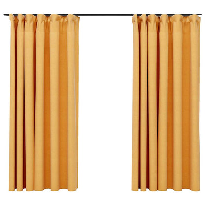 Linen-Look Blackout Curtains with Hooks 2 pcs Yellow 140x175 cm