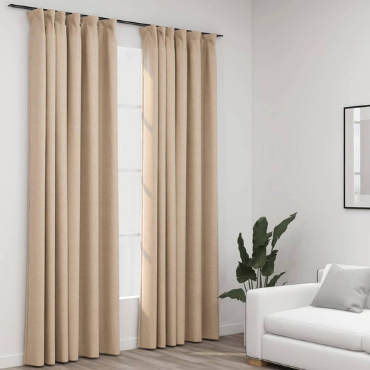 Linen-Look Blackout Curtains with Hooks 2 pcs Beige 140x245 cm