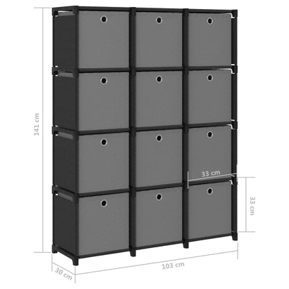 12-Cube Display Shelf with Boxes Black 103x30x141 cm Fabric