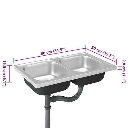 Kitchen Sink with Double Basins Silver 800x500x155 mm Stainless Steel