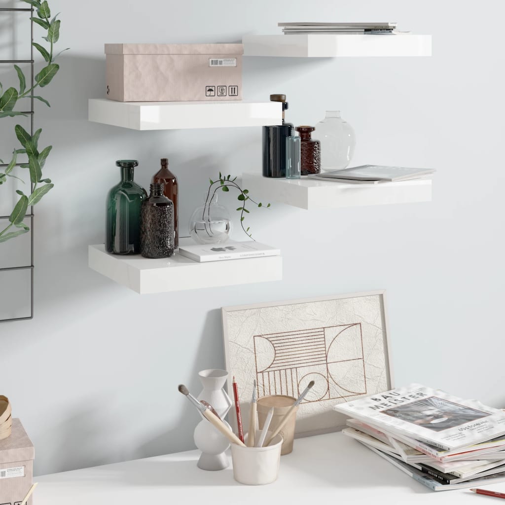 Floating Wall Shelves 4 pcs High Gloss White 23x23.5x3.8 cm MDF