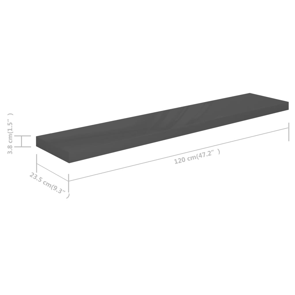 Floating Wall Shelf High Gloss Grey 120x23.5x3.8 cm MDF