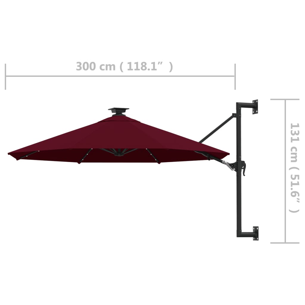 Wall-mounted Garden Parasol with LEDs 300 cm Burgundy