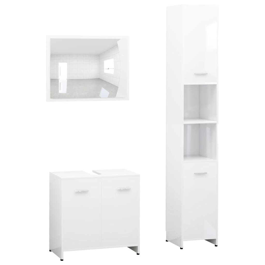 3 Piece Bathroom Furniture Set High Gloss White Engineered Wood