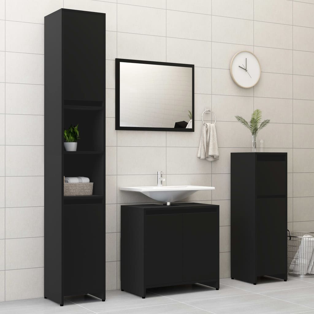 3 Piece Bathroom Furniture Set Black Engineered Wood