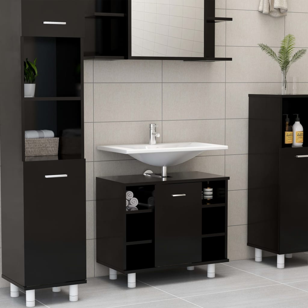 3 Piece Bathroom Furniture Set Black Engineered Wood