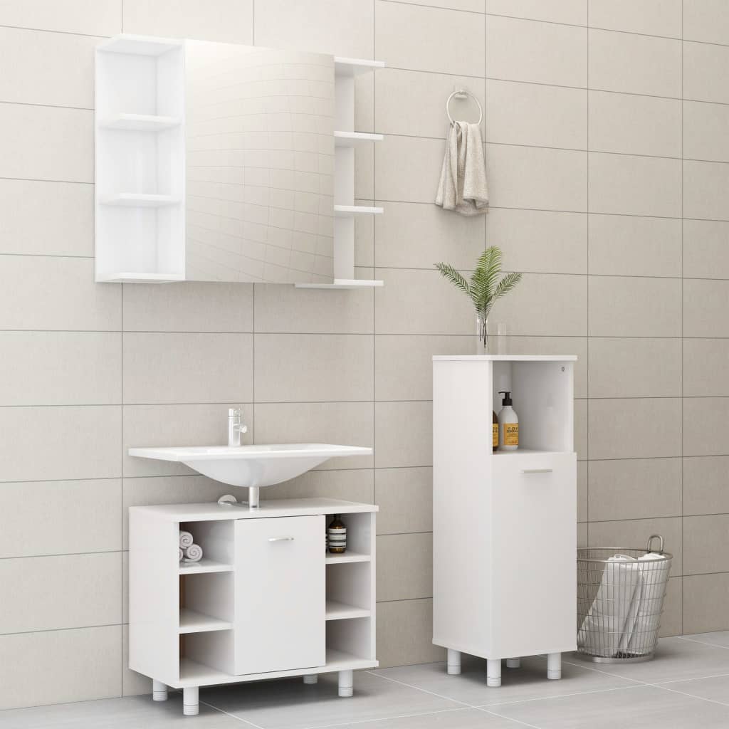 3 Piece Bathroom Furniture Set High Gloss White Engineered Wood