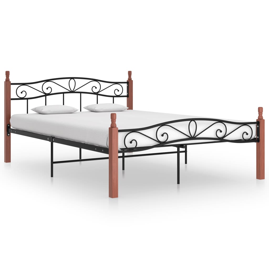 Bed Frame without Mattress Black Metal&Solid Oak Wood 140x200 cm