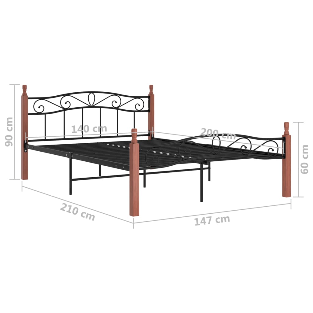 Bed Frame without Mattress Black Metal&Solid Oak Wood 140x200 cm