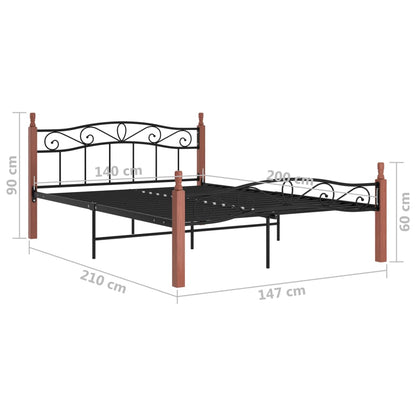 Bed Frame without Mattress Black Metal&Solid Oak Wood 140x200 cm