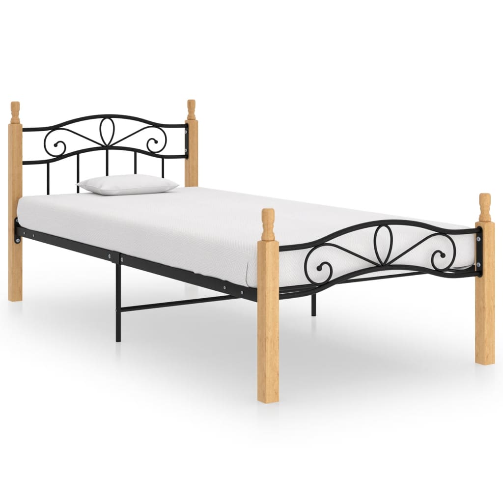 Bed Frame without Mattress Black Metal&Solid Oak Wood 90x200 cm