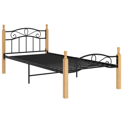 Bed Frame without Mattress Black Metal&Solid Oak Wood 90x200 cm