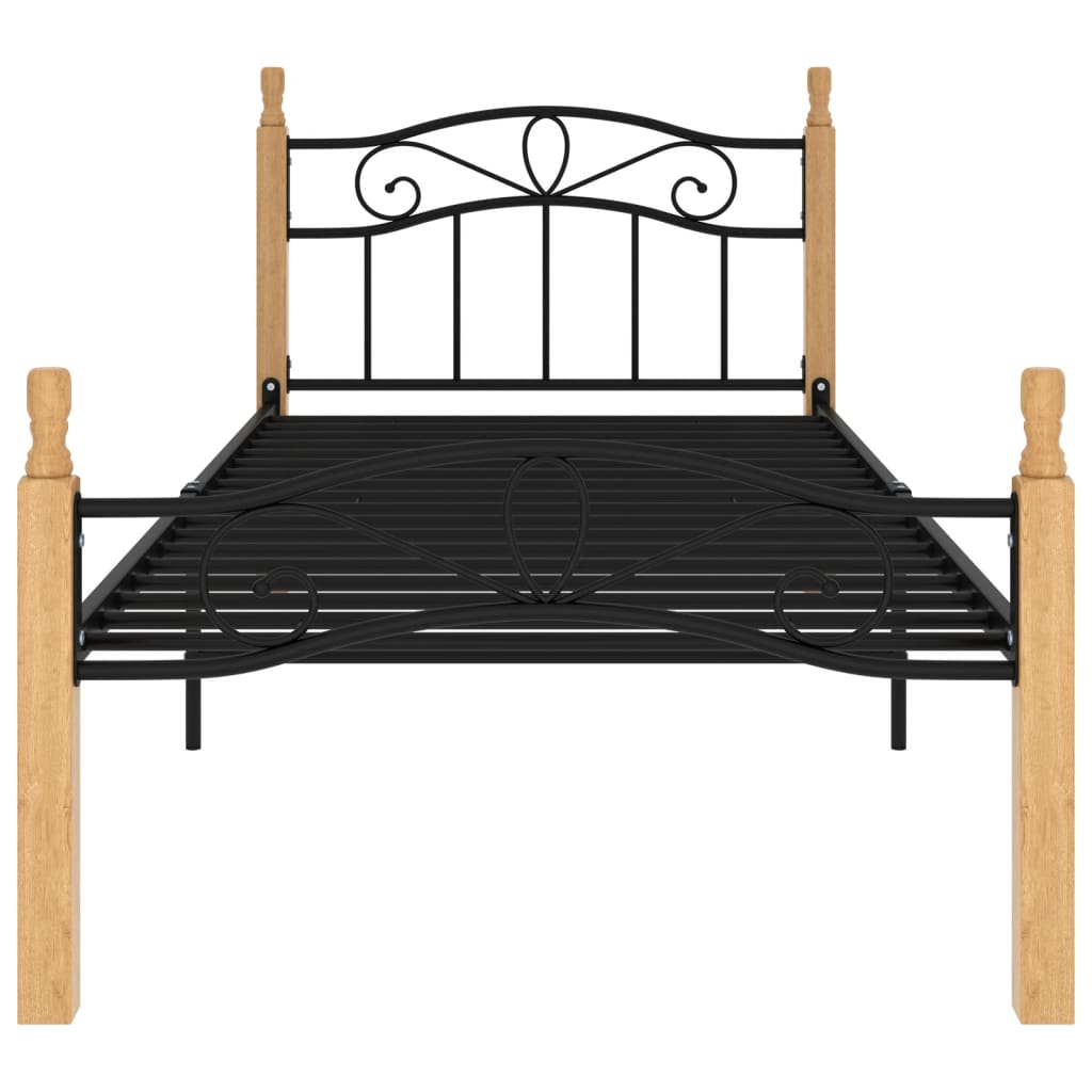 Bed Frame without Mattress Black Metal&Solid Oak Wood 90x200 cm