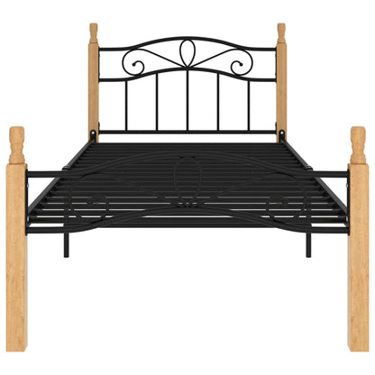 Bed Frame without Mattress Black Metal&Solid Oak Wood 90x200 cm