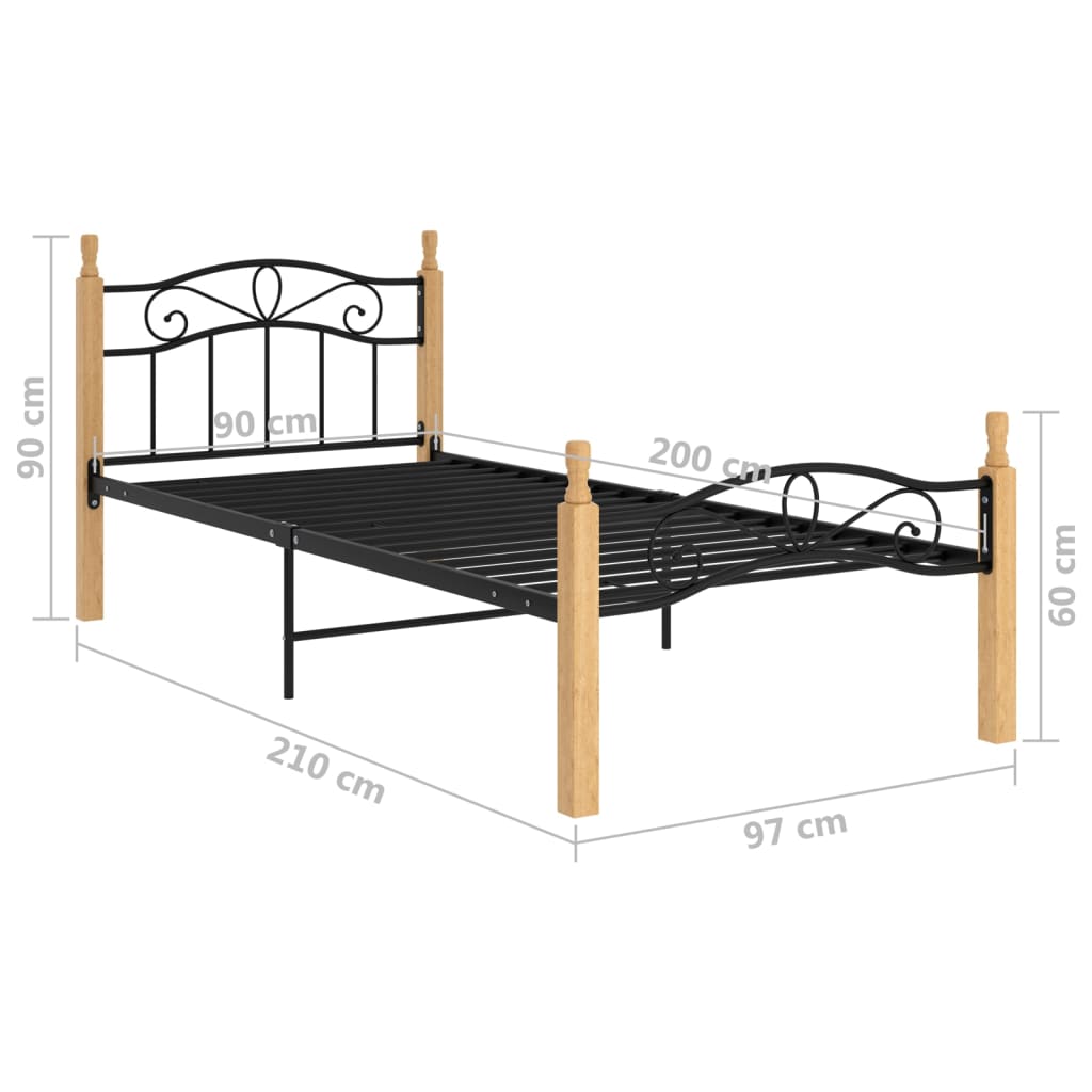 Bed Frame without Mattress Black Metal&Solid Oak Wood 90x200 cm