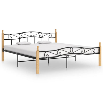 Bed Frame without Mattress Black Metal&Solid Oak Wood 180x200 cm Super King