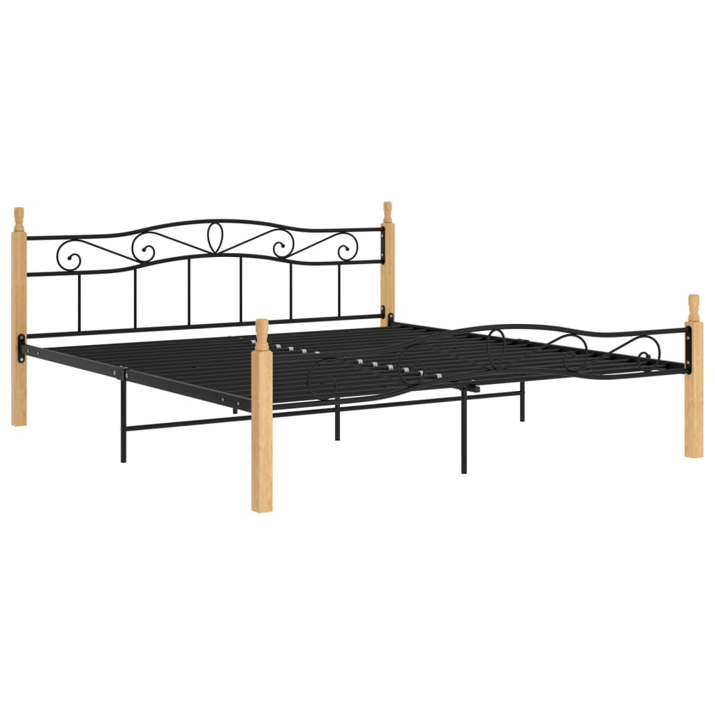 Bed Frame without Mattress Black Metal&Solid Oak Wood 180x200 cm Super King