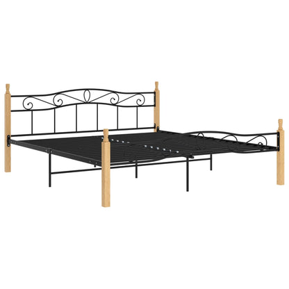 Bed Frame without Mattress Black Metal&Solid Oak Wood 180x200 cm Super King