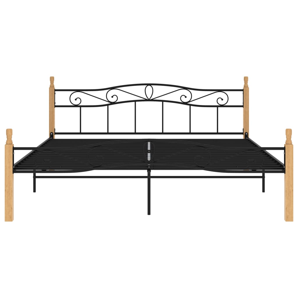 Bed Frame without Mattress Black Metal&Solid Oak Wood 180x200 cm Super King