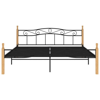 Bed Frame without Mattress Black Metal&Solid Oak Wood 180x200 cm Super King