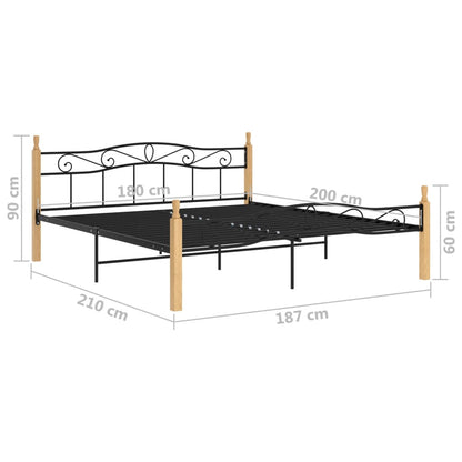 Bed Frame without Mattress Black Metal&Solid Oak Wood 180x200 cm Super King