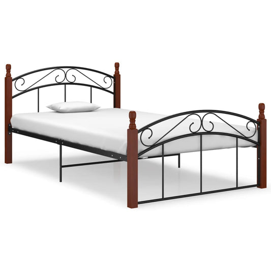 Bed Frame Black Metal and Solid Oak Wood 120x200 cm