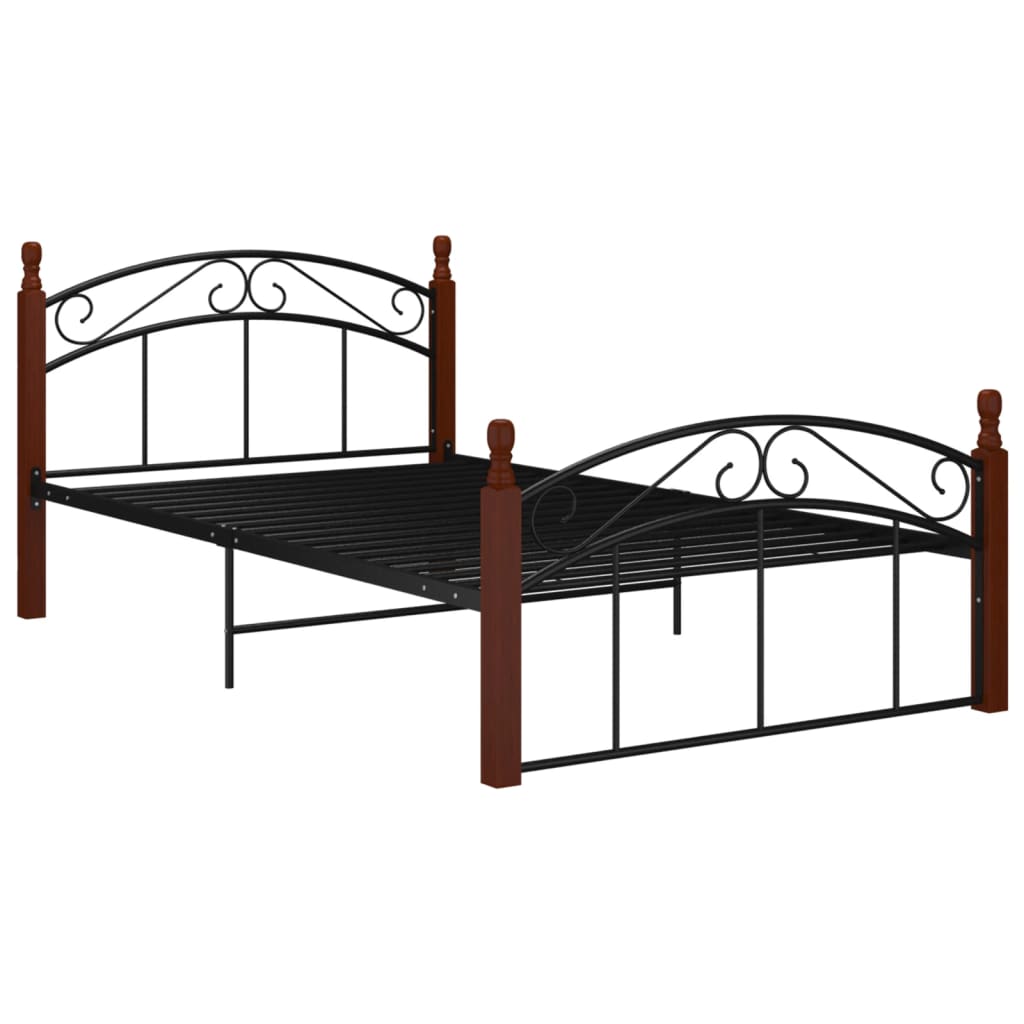 Bed Frame Black Metal and Solid Oak Wood 120x200 cm