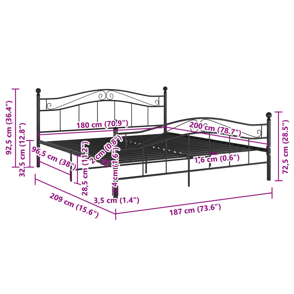 Bed Frame without Mattress Black Metal 180x200 cm Super King