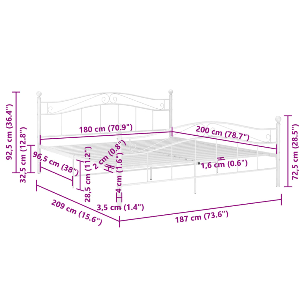 Bed Frame without Mattress White Metal 180x200 cm Super King