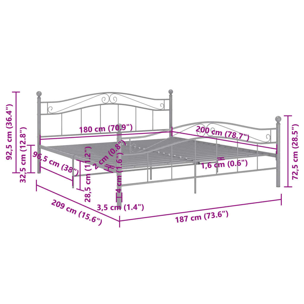 Bed Frame without Mattress Grey Metal 180x200 cm Super King