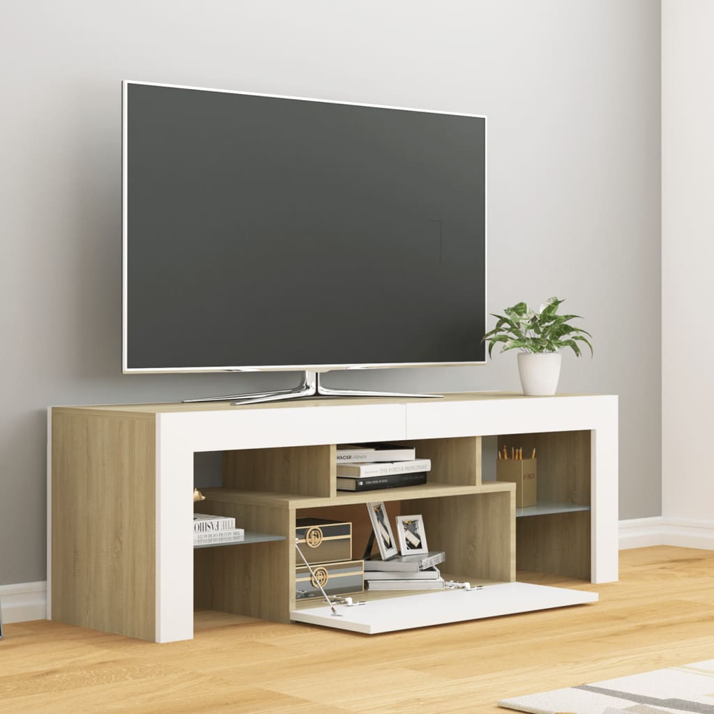 TV Cabinet with LED Lights White and Sonoma Oak 120x35x40 cm