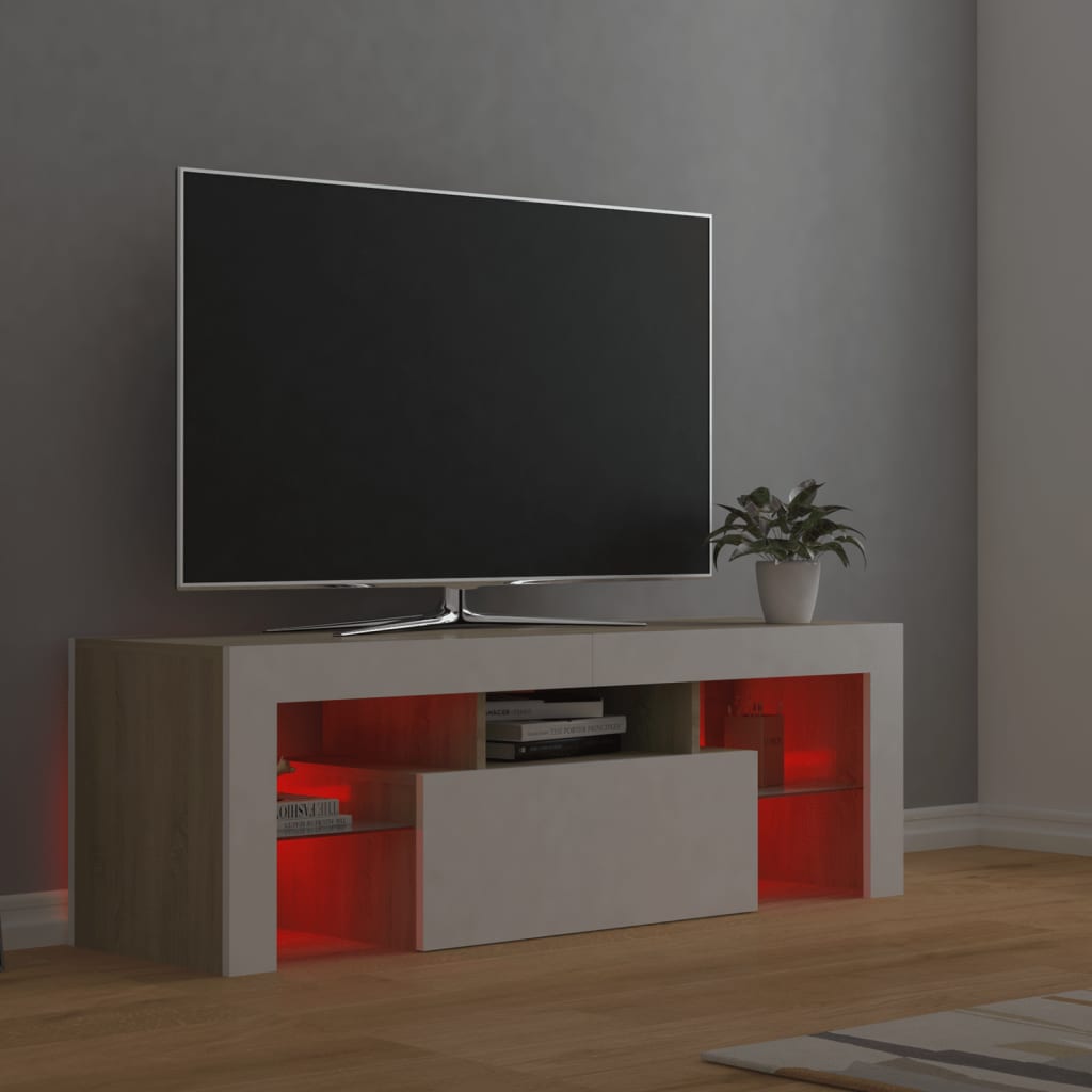 TV Cabinet with LED Lights White and Sonoma Oak 120x35x40 cm