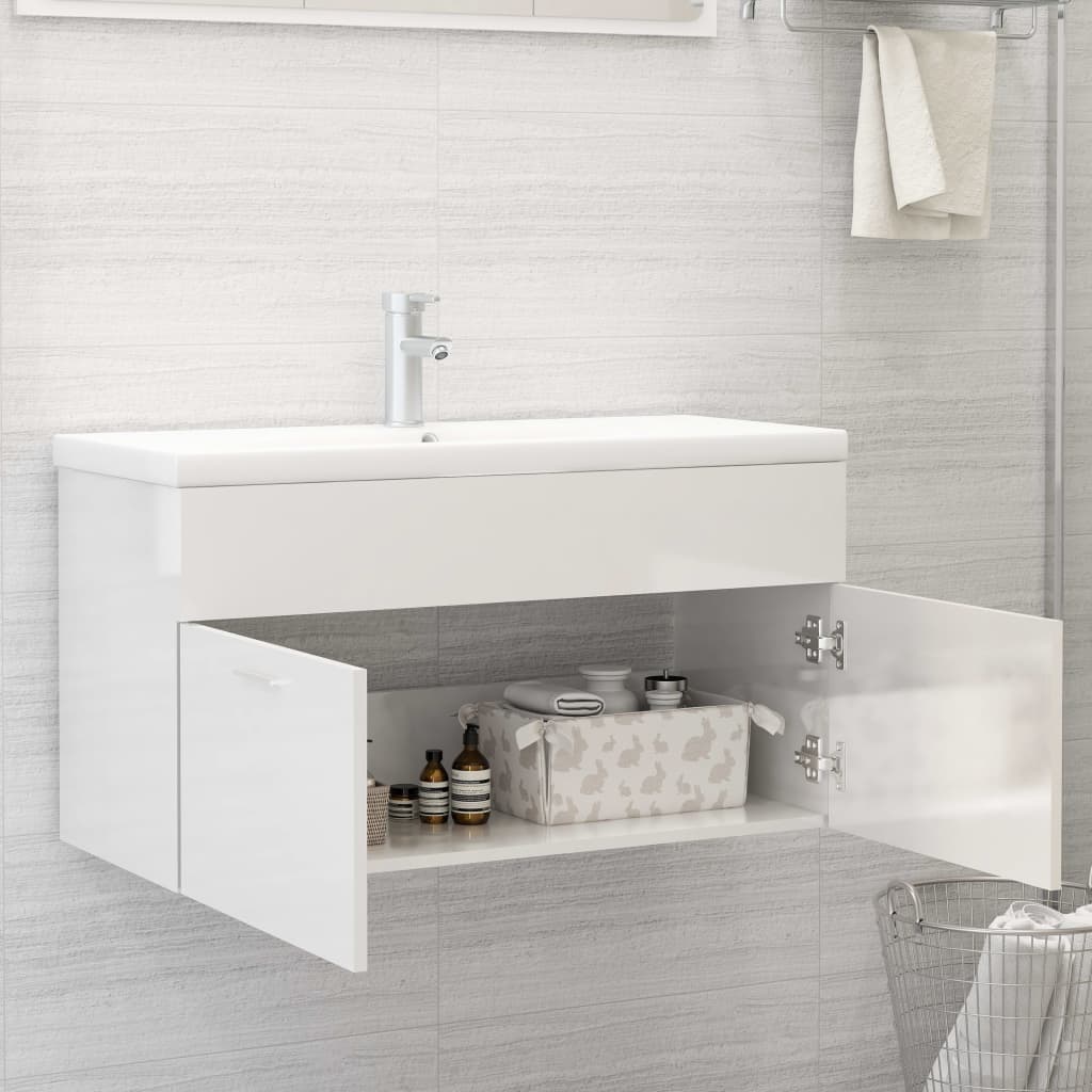 Sink Cabinet High Gloss White 90x38.5x46 cm Engineered Wood