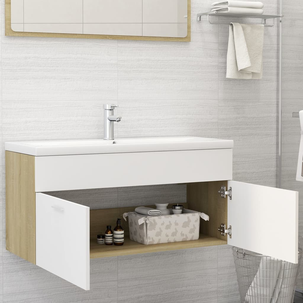 Sink Cabinet White and Sonoma Oak 100x38.5x46 cm Engineered Wood