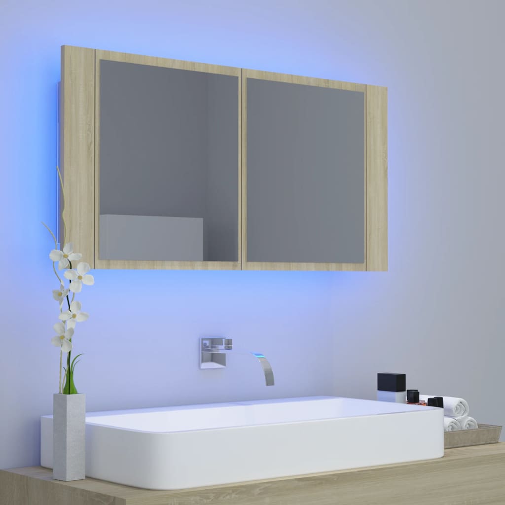 LED Bathroom Mirror Cabinet Sonoma Oak 90x12x45 cm Acrylic