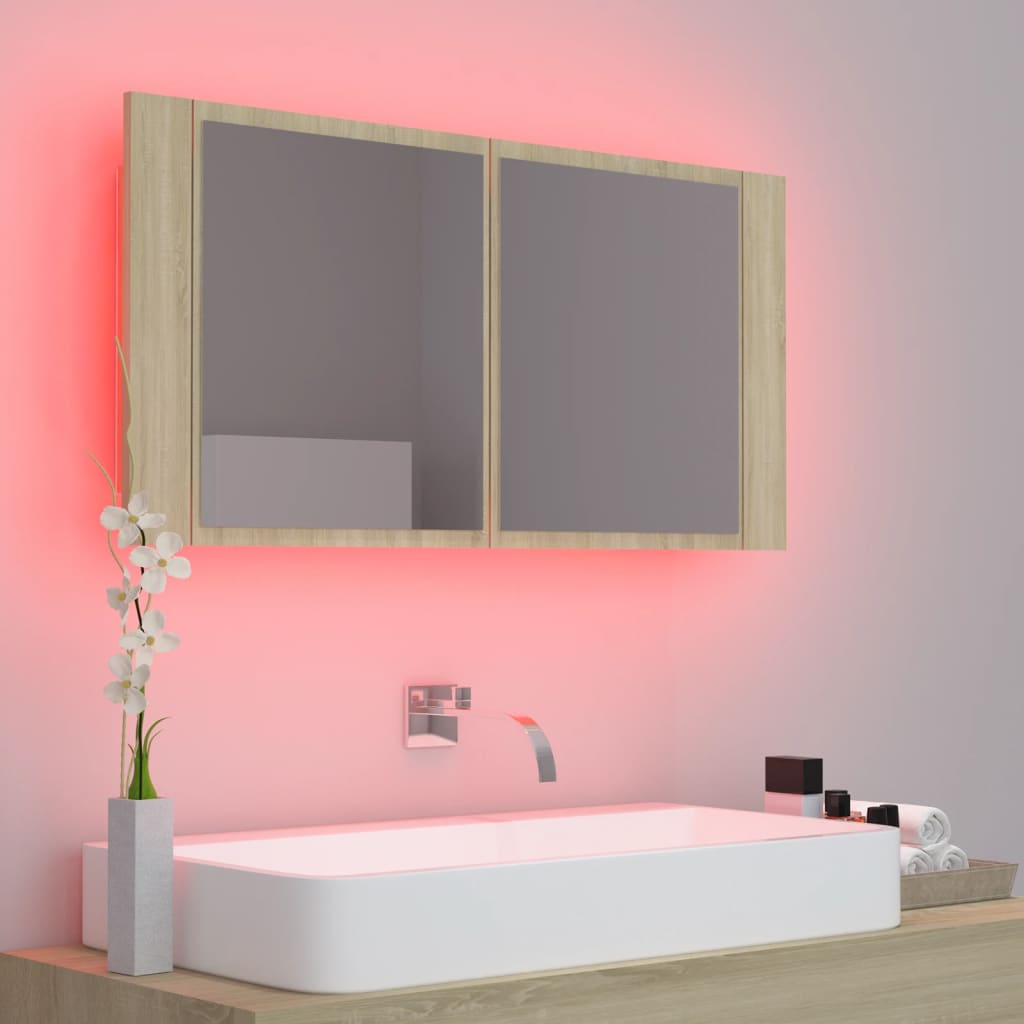 LED Bathroom Mirror Cabinet Sonoma Oak 90x12x45 cm Acrylic