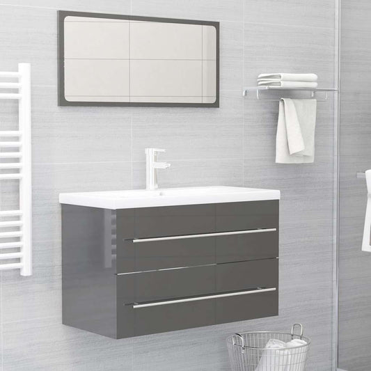 2 Piece Bathroom Furniture Set High Gloss Grey Engineered Wood