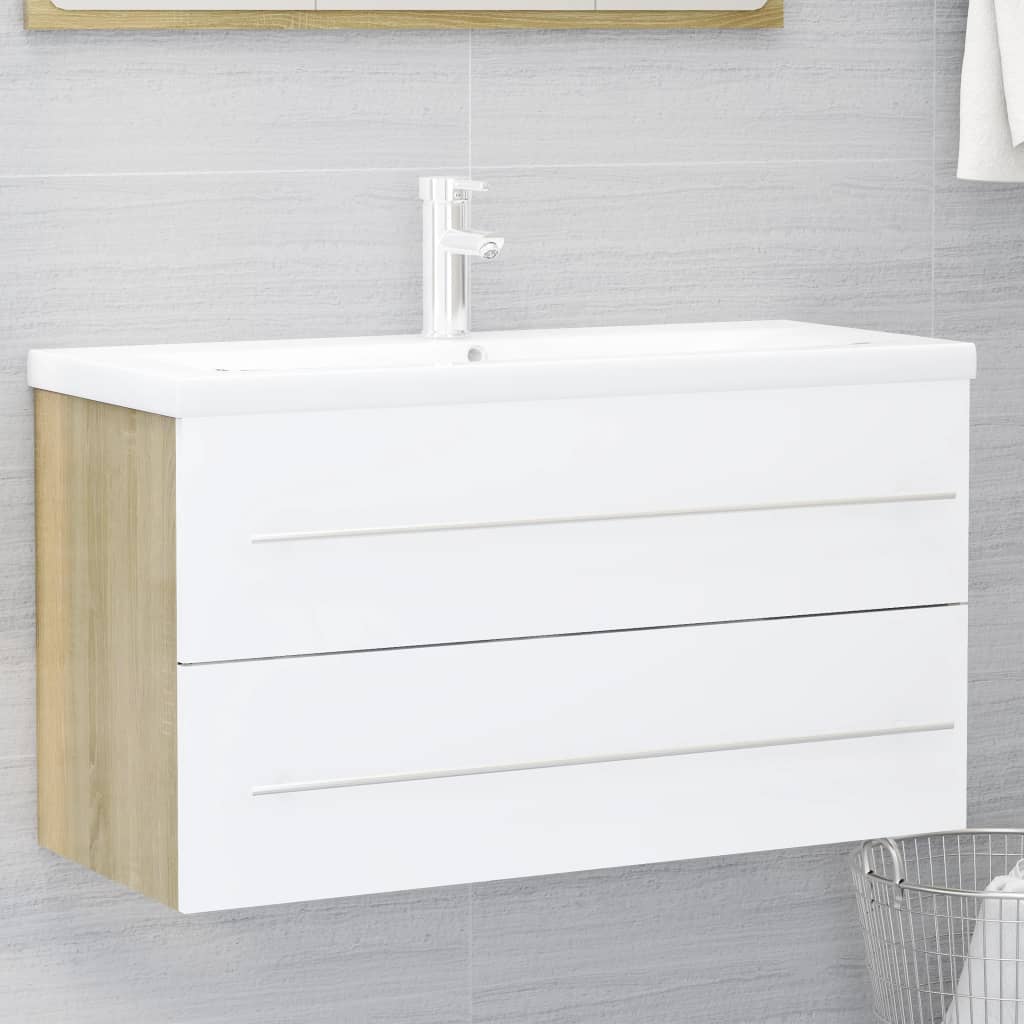 2 Piece Bathroom Furniture Set White and Sonoma Oak Engineered Wood