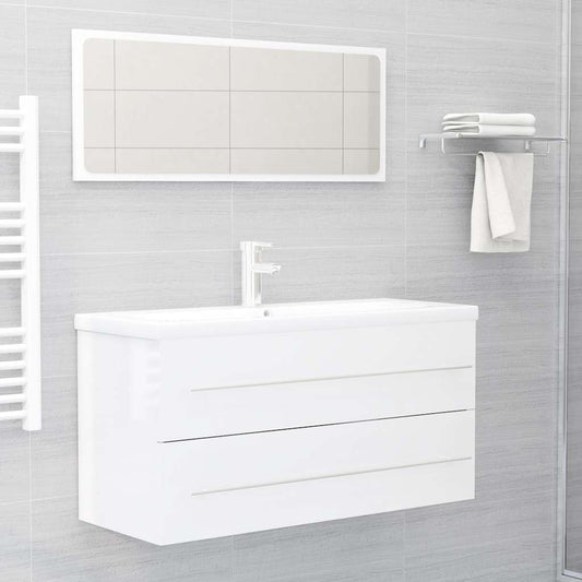 2 Piece Bathroom Furniture Set High Gloss White Engineered Wood