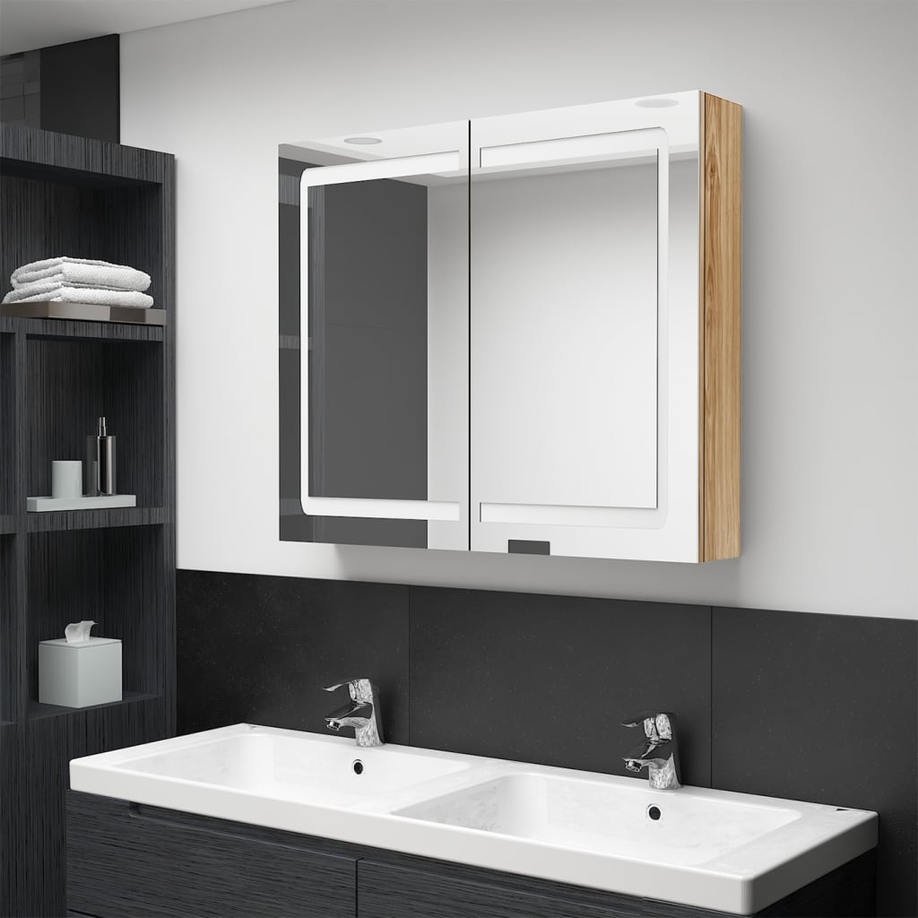 LED Bathroom Mirror Cabinet Oak 80x12x68 cm