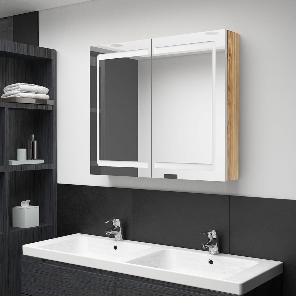 LED Bathroom Mirror Cabinet White and Oak 80x12x68 cm