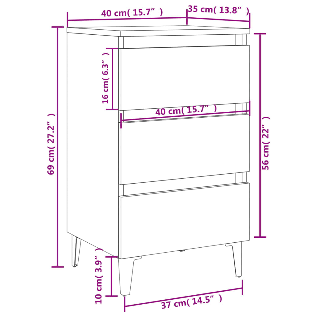 Bed Cabinet with Metal Legs Concrete Grey 40x35x69 cm