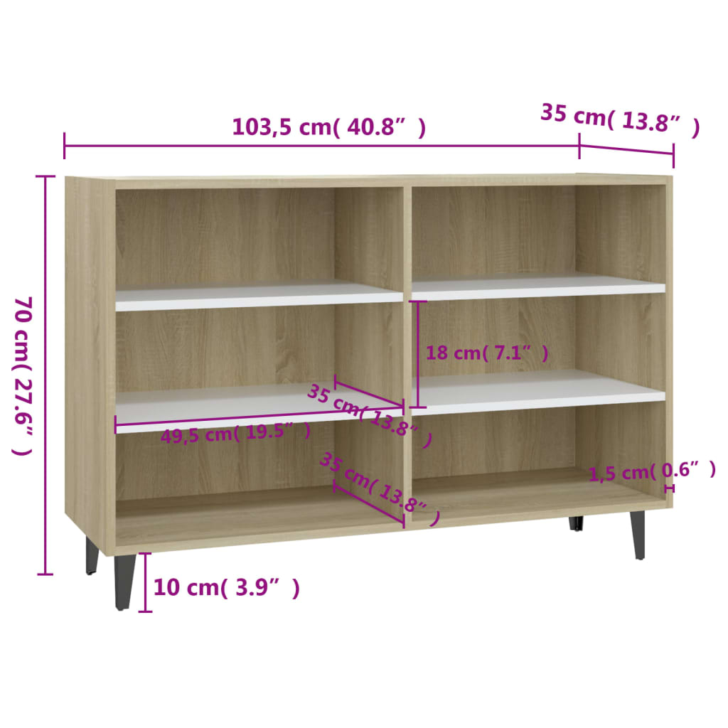 Sideboard White and Sonoma Oak 103.5x35x70 cm Engineered Wood