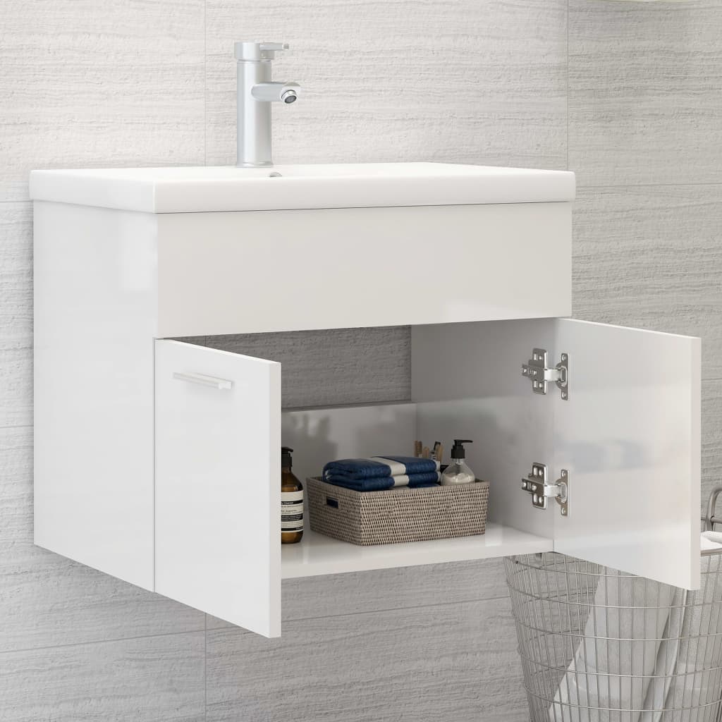 Sink Cabinet with Built-in Basin High Gloss White Engineered Wood