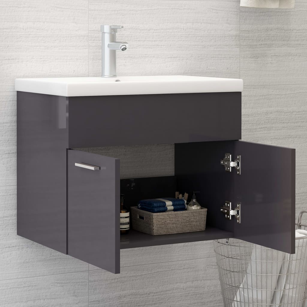 Sink Cabinet with Built-in Basin High Gloss Grey Engineered Wood