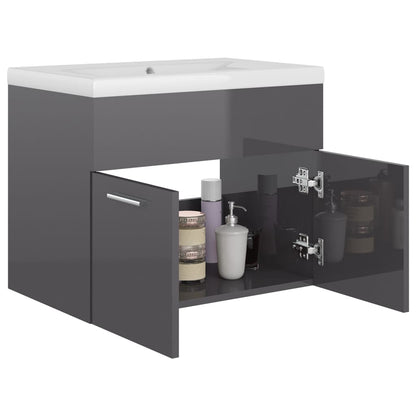 Sink Cabinet with Built-in Basin High Gloss Grey Engineered Wood