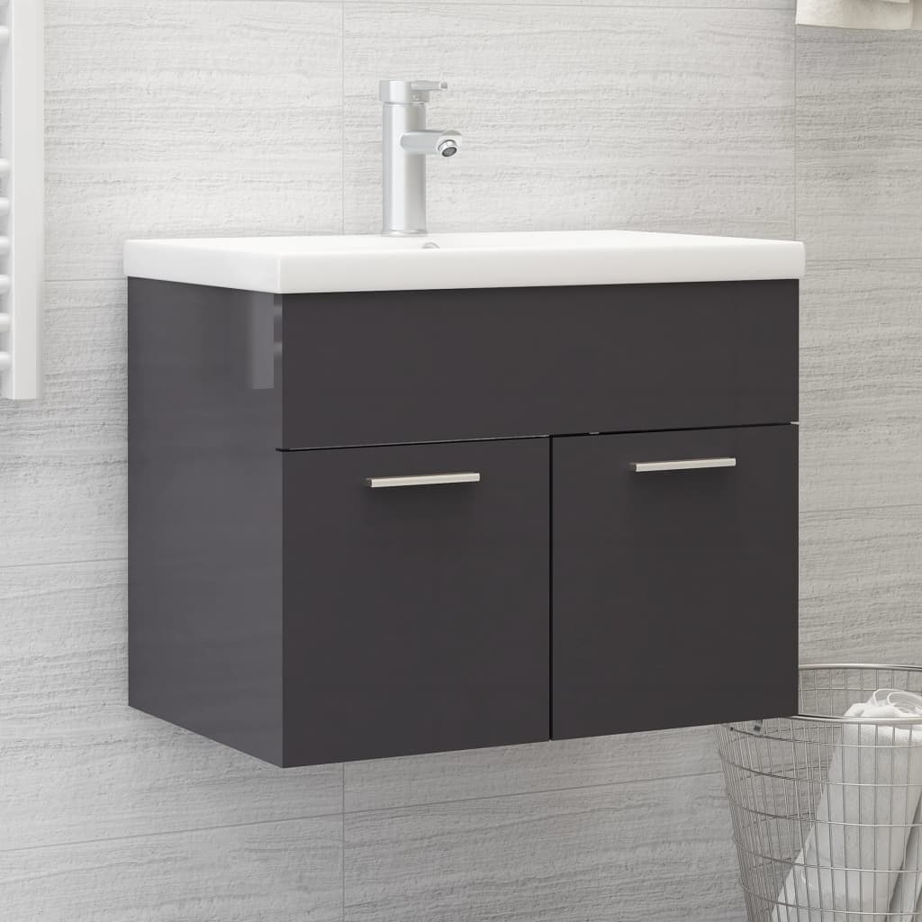 Sink Cabinet with Built-in Basin High Gloss Grey Engineered Wood