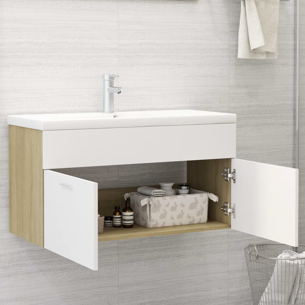 Sink Cabinet with Built-in Basin White and Sonoma Oak Engineered Wood