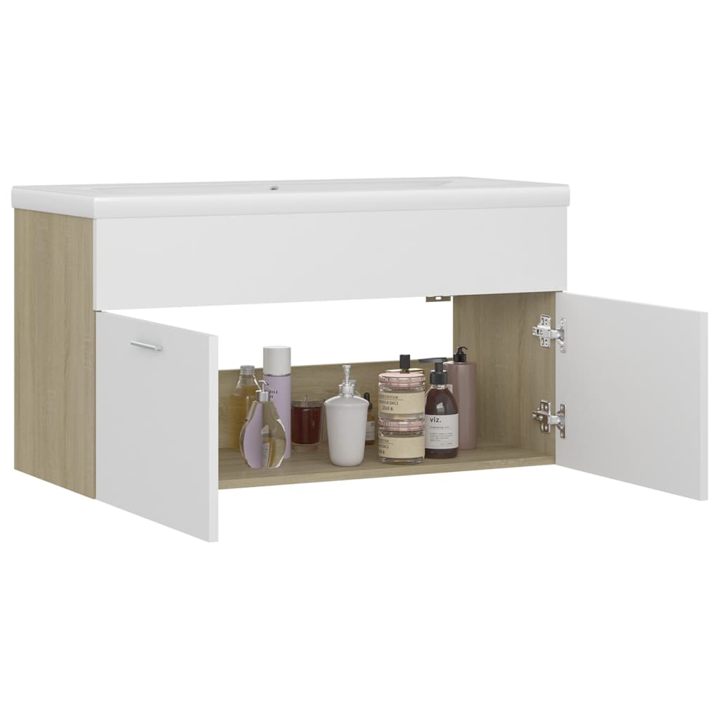 Sink Cabinet with Built-in Basin White and Sonoma Oak Engineered Wood